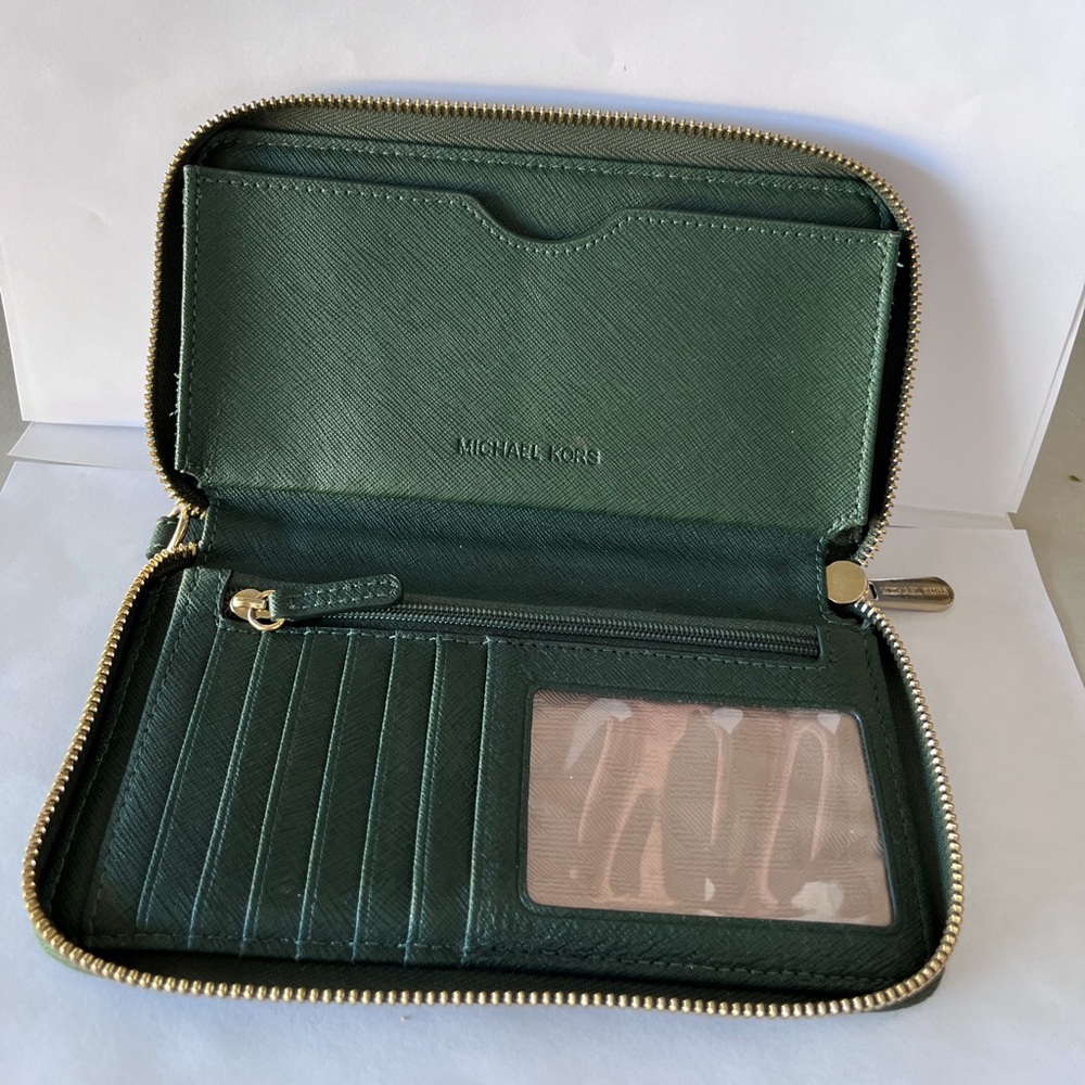 Michael Kors Dark Green Zip Up Wallet 7 Card Slots and Separated Cash Folder